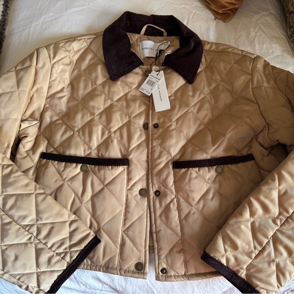 Rebecca Minkoff Khaki Quilted Puffer Jacket with Dark Brown Corduroy Collar